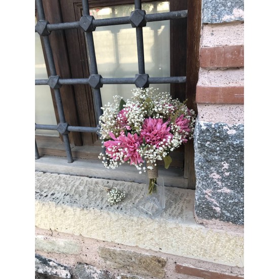 Pembe Çiçekli Krem Cipsolu Gelin Çiçeği Ve Yaka Çiçeği-LALE-1008
