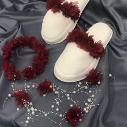 Bordo Çiçekli Lohusa Terliği Ve Çiçekli Taç-LOH-1007 Bordo Çiçekli Lohusa Terliği Ve Çiçekli Taç-LOH-1007