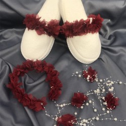 Bordo Çiçekli Lohusa Terliği Ve Çiçekli Taç-LOH-1007 Bordo Çiçekli Lohusa Terliği Ve Çiçekli Taç-LOH-1007