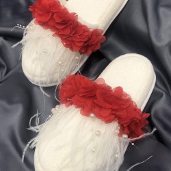 Kırmızı Çiçekli Lohusa Terliği Ve Çiçekli Taç-LOH-1008 Kırmızı Çiçekli Lohusa Terliği Ve Çiçekli Taç-LOH-1008