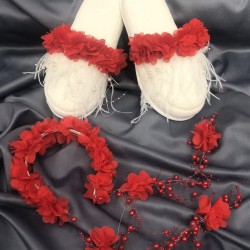 Kırmızı Çiçekli Lohusa Terliği Ve Çiçekli Taç-LOH-1008 Kırmızı Çiçekli Lohusa Terliği Ve Çiçekli Taç-LOH-1008