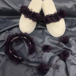 Mor Çiçekli Lohusa Terliği Ve Çiçekli Taç-LOH-1009 Mor Çiçekli Lohusa Terliği Ve Çiçekli Taç-LOH-1009