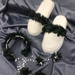 Yeşil Çiçekli Lohusa Terliği Ve Çiçekli Taç-LOH-1010 Yeşil Çiçekli Lohusa Terliği Ve Çiçekli Taç-LOH-1010