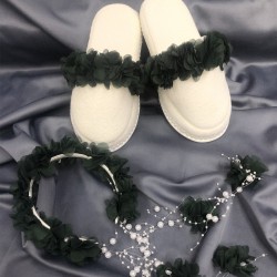 Yeşil Çiçekli Lohusa Terliği Ve Çiçekli Taç-LOH-1010 Yeşil Çiçekli Lohusa Terliği Ve Çiçekli Taç-LOH-1010