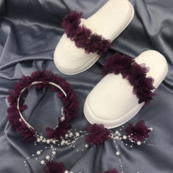 Mürdüm Çiçekli Lohusa Terliği Ve Çiçekli Taç-LOH-1011 Mürdüm Çiçekli Lohusa Terliği Ve Çiçekli Taç-LOH-1011