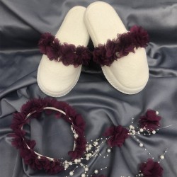 Mürdüm Çiçekli Lohusa Terliği Ve Çiçekli Taç-LOH-1011 Mürdüm Çiçekli Lohusa Terliği Ve Çiçekli Taç-LOH-1011