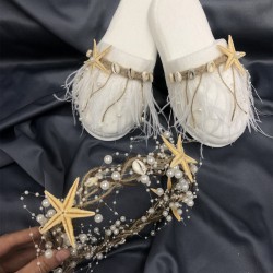 Deniz Yıldızlı Lohusa Terliği Ve Hasırlı Taç-LOH-1012 Deniz Yıldızlı Lohusa Terliği Ve Hasırlı Taç-LOH-1012