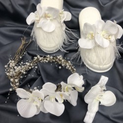 Orkide Tüylü Ve İncili Lohusa Terliği Saç Bandı Taç Seti-LOH-1014 Orkide Tüylü Ve İncili Lohusa Terliği Saç Bandı Taç Seti-LOH-1014