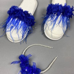 Saks Mavi İncili Lazer Çiçekli Taç Ve Tüylü Lohusa Takımı-LOH-1017 Saks Mavi İncili Lazer Çiçekli Taç Ve Tüylü Lohusa Takımı-LOH-1017