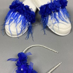 Saks Mavi İncili Lazer Çiçekli Taç Ve Tüylü Lohusa Takımı-LOH-1017 Saks Mavi İncili Lazer Çiçekli Taç Ve Tüylü Lohusa Takımı-LOH-1017