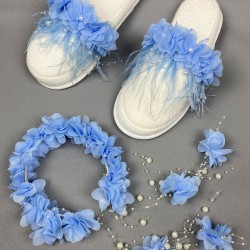 Bebe Mavi Lazer Çiçekli Taç Ve Tüylü Lohusa Seti-LOH-1019 Bebe Mavi Lazer Çiçekli Taç Ve Tüylü Lohusa Seti-LOH-1019