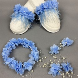 Bebe Mavi Lazer Çiçekli Taç Ve Tüylü Lohusa Seti-LOH-1019 Bebe Mavi Lazer Çiçekli Taç Ve Tüylü Lohusa Seti-LOH-1019