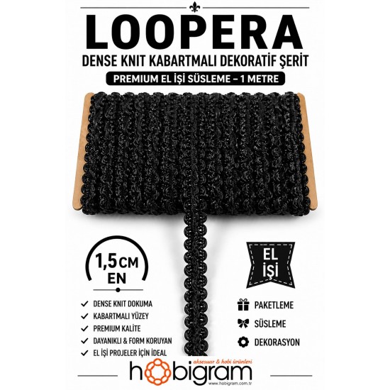 Siyah Loopera Dense Knit Kabartmalı Dekoratif Şerit &ndash; Premium El İşi S&uuml;sleme 1 Metre-LOOPERA-1