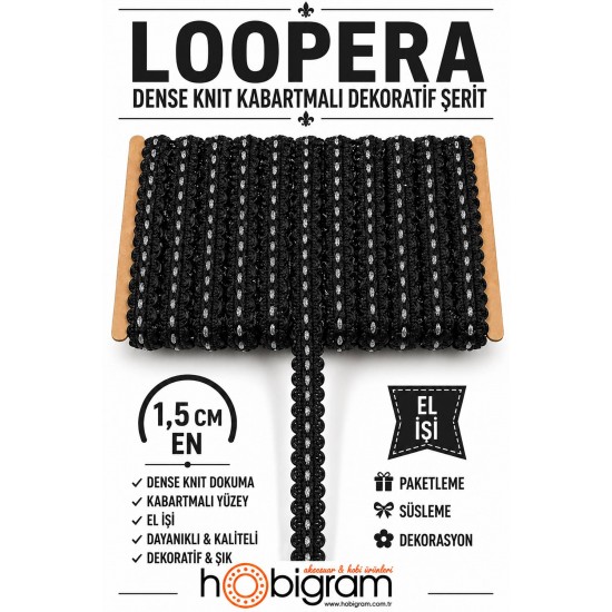 Siyah G&uuml;m&uuml;ş Loopera Dense Knit Kabartmalı Dekoratif Şerit &ndash; Premium El İşi S&uuml;sleme 1 Metre-LOOPERA-10