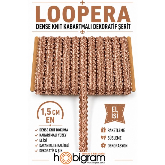 Bakır Rengi Loopera Dense Knit Kabartmalı Dekoratif Şerit &ndash; Premium El İşi S&uuml;sleme 1 Metre-LOOPERA-11