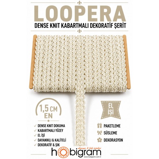 Mat Krem Loopera Dense Knit Kabartmalı Dekoratif Şerit &ndash; Premium El İşi S&uuml;sleme 1 Metre-LOOPERA-13