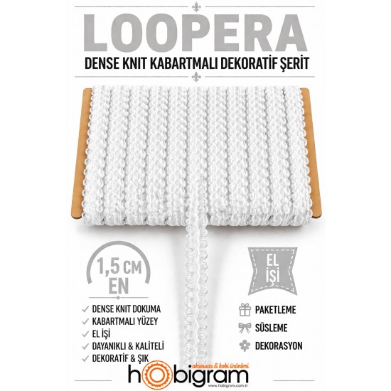 Beyaz Loopera Dense Knit Kabartmalı Dekoratif Şerit &ndash; Premium El İşi S&uuml;sleme 1 Metre-LOOPERA-14