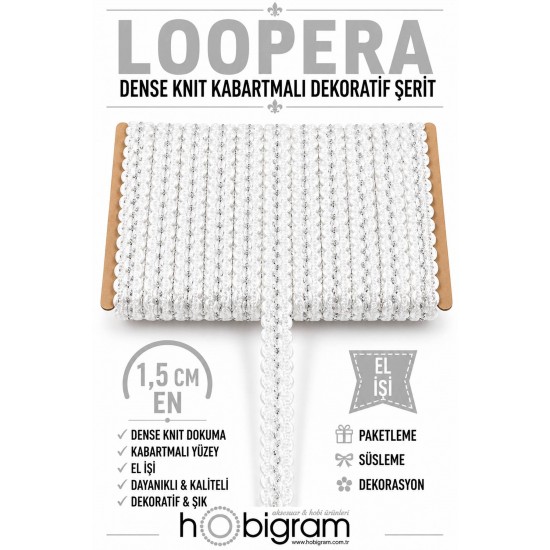 Beyaz G&uuml;m&uuml;ş Loopera Dense Knit Kabartmalı Dekoratif Şerit &ndash; Premium El İşi S&uuml;sleme 1 Metre-LOOPERA-16