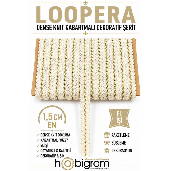 Krem Gold Loopera Dense Knit Kabartmalı Dekoratif Şerit &ndash; Premium El İşi S&uuml;sleme 1 Metre-LOOPERA-17