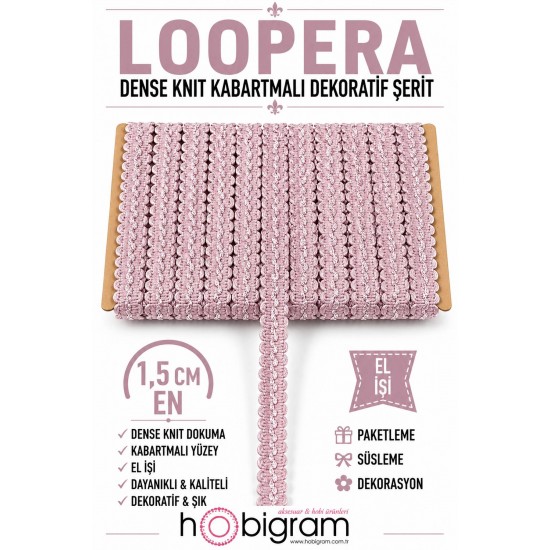 Pudra Loopera Dense Knit Kabartmalı Dekoratif Şerit &ndash; Premium El İşi S&uuml;sleme 1 Metre-LOOPERA-18