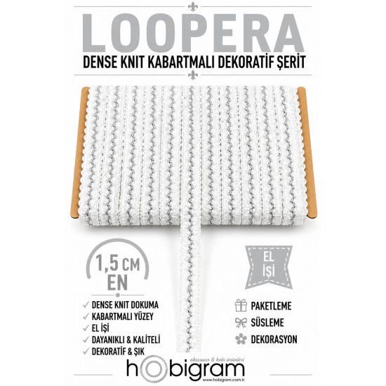 Beyaz Sık G&uuml;m&uuml;ş Loopera Dense Knit Kabartmalı Dekoratif Şerit &ndash; Premium El İşi S&uuml;sleme 1 Metre-LOOPERA-19