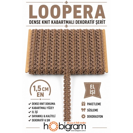 A&ccedil;ık Kahve Loopera Dense Knit Kabartmalı Dekoratif Şerit &ndash; Premium El İşi S&uuml;sleme 1 Metre-LOOPERA-2