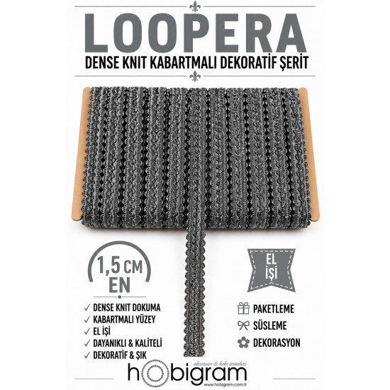 Antrasit Loopera Dense Knit Kabartmalı Dekoratif Şerit &ndash; Premium El İşi S&uuml;sleme 1 Metre-LOOPERA-20