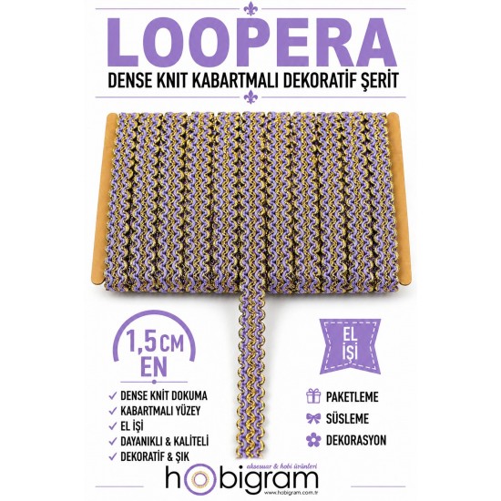 Lila Sarı Loopera Dense Knit Kabartmalı Dekoratif Şerit &ndash; Premium El İşi S&uuml;sleme 1 Metre-LOOPERA-21