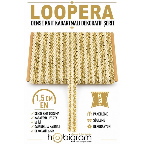 Gold Krem Loopera Dense Knit Kabartmalı Dekoratif Şerit &ndash; Premium El İşi S&uuml;sleme 1 Metre-LOOPERA-22