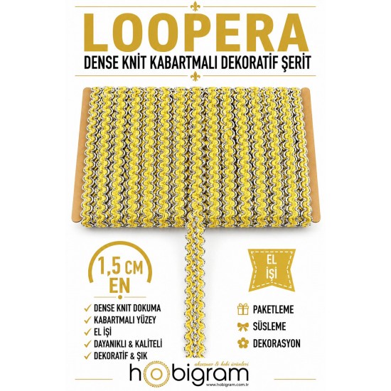 Sarı G&uuml;m&uuml;ş Loopera Dense Knit Kabartmalı Dekoratif Şerit &ndash; Premium El İşi S&uuml;sleme 1 Metre-LOOPERA-23