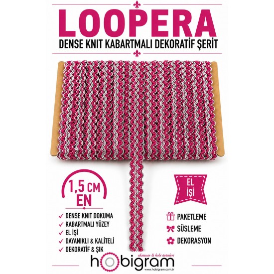 Fuşya G&uuml;m&uuml;ş Loopera Dense Knit Kabartmalı Dekoratif Şerit &ndash; Premium El İşi S&uuml;sleme 1 Metre-LOOPERA-24