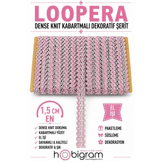Pembe G&uuml;m&uuml;ş Loopera Dense Knit Kabartmalı Dekoratif Şerit &ndash; Premium El İşi S&uuml;sleme 1 Metre-LOOPERA-25
