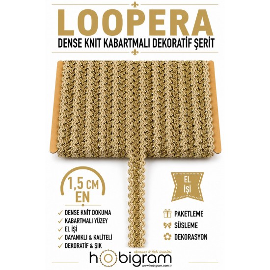 Gold Bej Loopera Dense Knit Kabartmalı Dekoratif Şerit &ndash; Premium El İşi S&uuml;sleme 1 Metre-LOOPERA-26