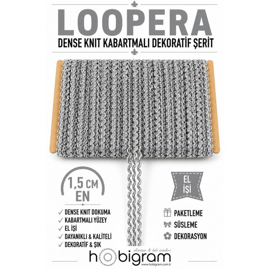 G&uuml;m&uuml;ş Loopera Dense Knit Kabartmalı Dekoratif Şerit &ndash; Premium El İşi S&uuml;sleme 1 Metre-LOOPERA-28