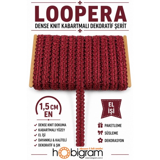 Bordo Loopera Dense Knit Kabartmalı Dekoratif Şerit &ndash; Premium El İşi S&uuml;sleme 1 Metre-LOOPERA-4
