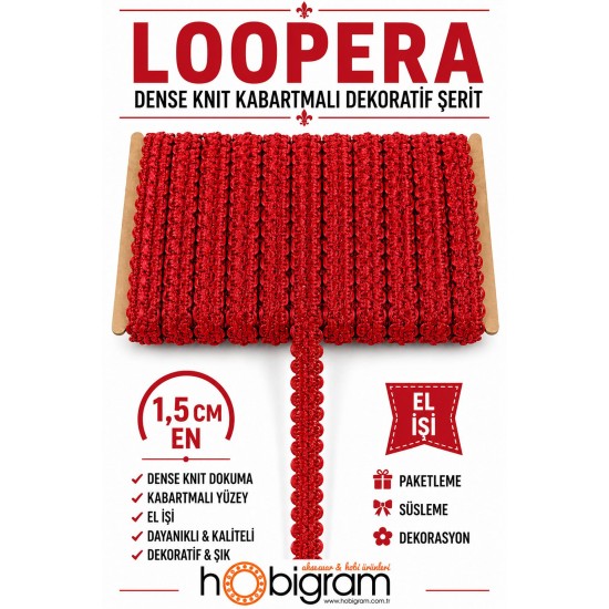 Kırmızı Loopera Dense Knit Kabartmalı Dekoratif Şerit &ndash; Premium El İşi S&uuml;sleme 1 Metre-LOOPERA-5