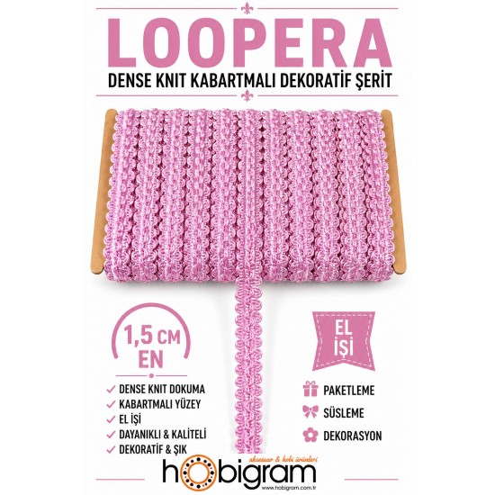 Pembe Loopera Dense Knit Kabartmalı Dekoratif Şerit &ndash; Premium El İşi S&uuml;sleme 1 Metre-LOOPERA-6