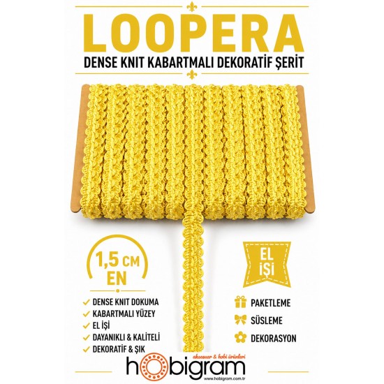 Sarı Loopera Dense Knit Kabartmalı Dekoratif Şerit &ndash; Premium El İşi S&uuml;sleme 1 Metre-LOOPERA-7