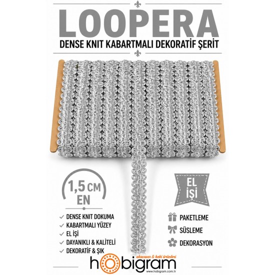 A&ccedil;ık Gri Loopera Dense Knit Kabartmalı Dekoratif Şerit &ndash; Premium El İşi S&uuml;sleme 1 Metre-LOOPERA-8