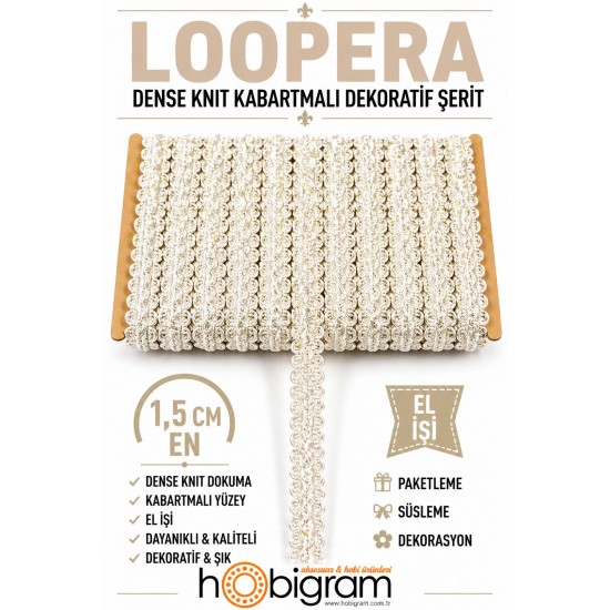 A&ccedil;ık Krem Loopera Dense Knit Kabartmalı Dekoratif Şerit &ndash; Premium El İşi S&uuml;sleme 1 Metre-LOOPERA-9