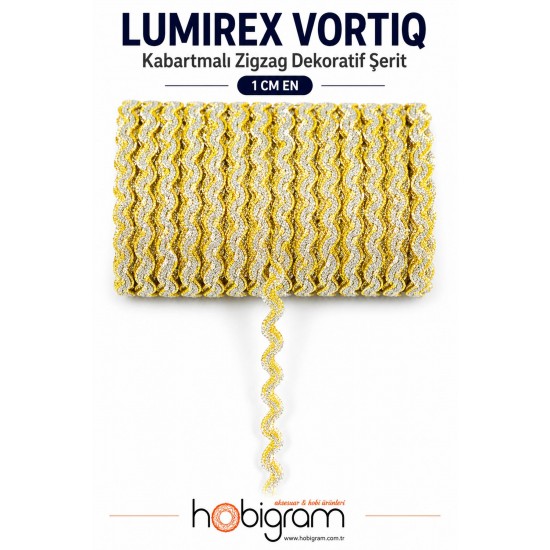 Sarı G&uuml;m&uuml;ş Lumirex Vortiq Kabartmalı Zigzag Dekoratif Şerit &ndash; Premium El İşi S&uuml;sleme 1 Metre-LUMIREX-14