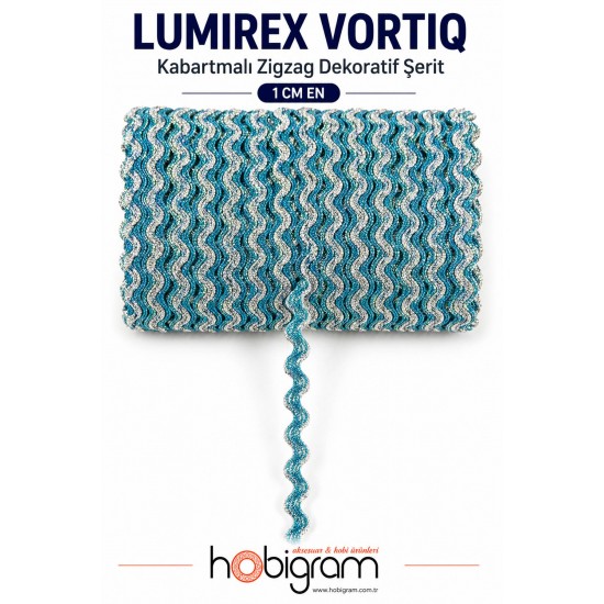 Turkuaz G&uuml;m&uuml;ş Lumirex Vortiq Kabartmalı Zigzag Dekoratif Şerit &ndash; Premium El İşi S&uuml;sleme 1 Metre-LUMIREX-18