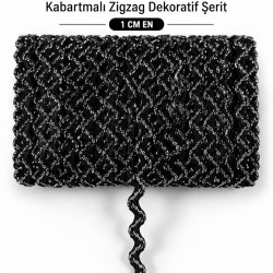Siyah G&uuml;m&uuml;ş Lumirex Vortiq Kabartmalı Zigzag Dekoratif Şerit &ndash; Premium El İşi S&uuml;sleme 1 Metre-LUMIREX-20