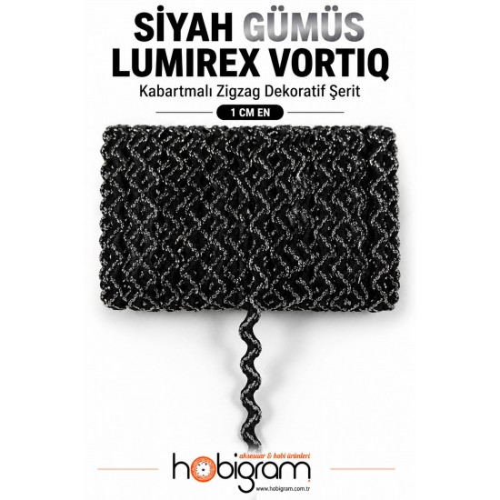 Siyah G&uuml;m&uuml;ş Lumirex Vortiq Kabartmalı Zigzag Dekoratif Şerit &ndash; Premium El İşi S&uuml;sleme 1 Metre-LUMIREX-20