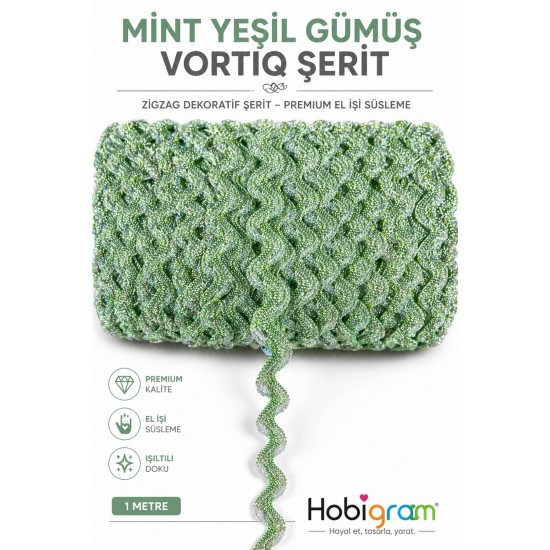 Mint Yeşil G&uuml;m&uuml;ş Lumirex Vortiq Kabartmalı Zigzag Dekoratif Şerit &ndash; Premium El İşi S&uuml;sleme 1 Metre-LUMIREX-22