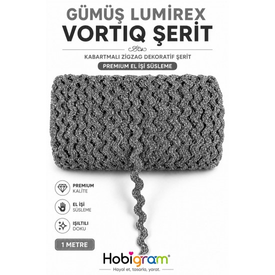 G&uuml;m&uuml;ş Lumirex Vortiq Kabartmalı Zigzag Dekoratif Şerit &ndash; Premium El İşi S&uuml;sleme 1 Metre-LUMIREX-23