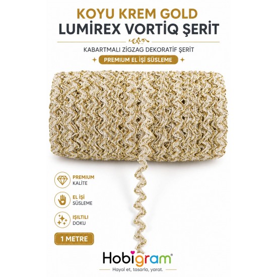 Koyu Krem Gold Lumirex Vortiq Kabartmalı Zigzag Dekoratif Şerit &ndash; Premium El İşi S&uuml;sleme 1 Metre-LUMIREX-24