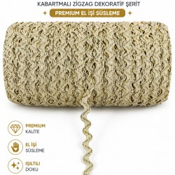 Bej Gold Lumirex Vortiq Kabartmalı Zigzag Dekoratif Şerit &ndash; Premium El İşi S&uuml;sleme 1 Metre-LUMIREX-25
