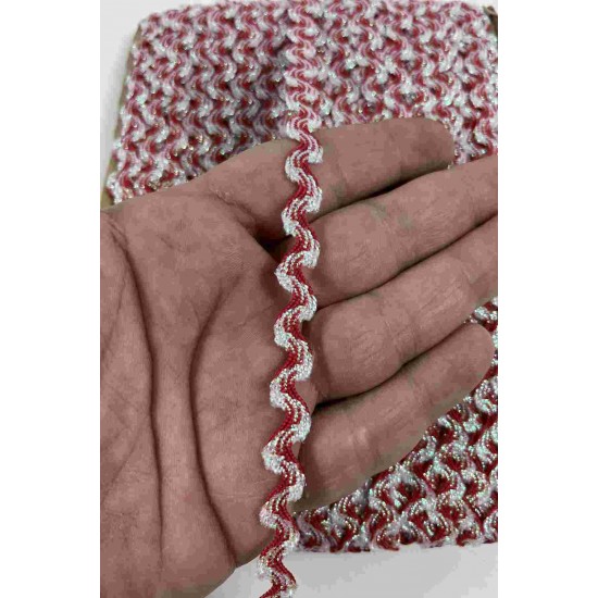 Koyu Kırmızı G&uuml;m&uuml;ş Lumirex Vortiq Kabartmalı Zigzag Dekoratif Şerit &ndash; Premium El İşi S&uuml;sleme 1 Metre-LUMIREX-7