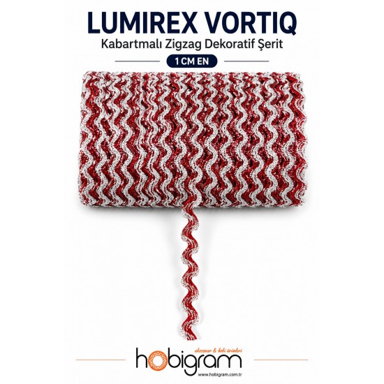 Koyu Kırmızı G&uuml;m&uuml;ş Lumirex Vortiq Kabartmalı Zigzag Dekoratif Şerit &ndash; Premium El İşi S&uuml;sleme 1 Metre-LUMIREX-7